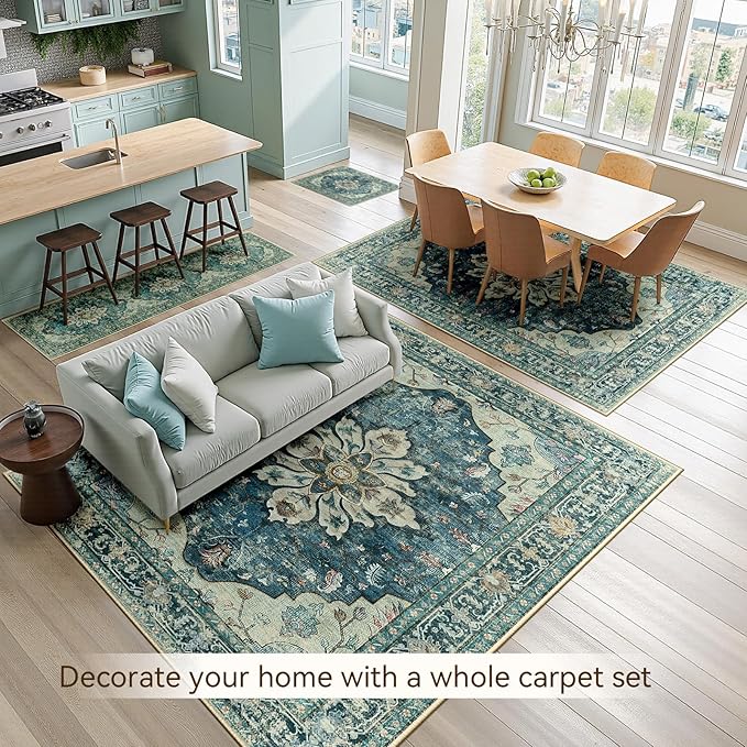 Area Rugs 2'x8' Runner Rug Non Slip Washable for Kitchen Hallway Bedroom Beside Laundry Room Bathroom Rug, Floor Carpet, Dark Blue Vintage