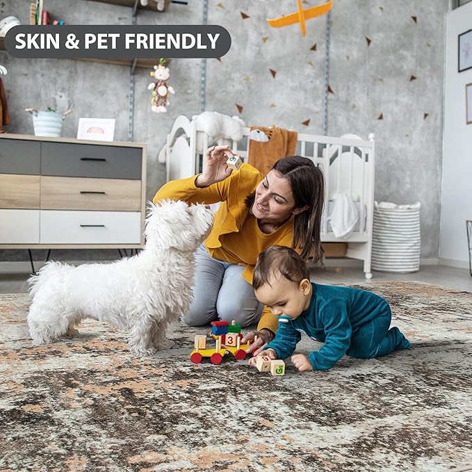 5x8 Area Rugs for Living Room Rug Washable: Abstract Rug for Dining Room Bedroom Carpet Non Slip 5 by 8 Indoor Modern Nursery Home Office Brown Beige