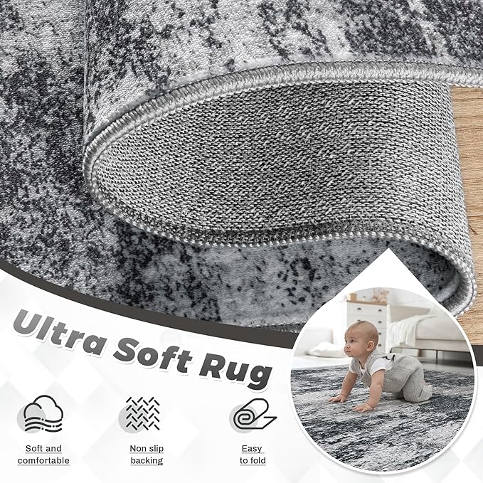 Area Rugs 6x9 for Living Room: Washable Rug Modern Abstract Neutral Soft Non-Slip Low-Pile Indoor Carpet for Bedroom Dining Room Playroom Home Office (Black Grey, 6'x9')