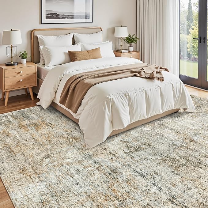 Abstract Rug 8x10 Large Living Room Rugs Neutral Modern Washable Area Rugs for Bedroom Dining Room Non-Slip Stain Resistant Foldable Thin Rug Brown Grey