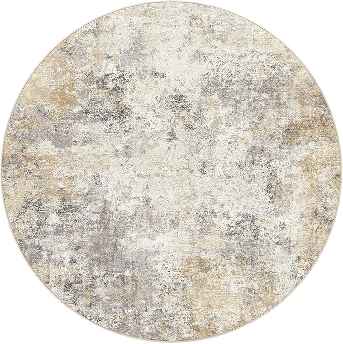UERMEI 8ft Round Area Rug Living Room Rugs - 8x8 Washable Neutral Modern Abstract Soft Thin Rug Indoor Floor No Slip Rug Carpet for Bedroom Under Dining Table Home Office Decor - Golden Grey