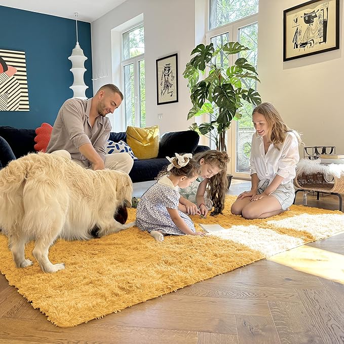 OLANLY 8x10 Machine Washable Large Area Rugs for Living Room, Bedroom, Soft Fluffy Shaggy Bedside Rug, Indoor Floor Carpet for Kids Girls and Boys, Dorms, Nursery, Home Decor Aesthetic, Mustard Yellow