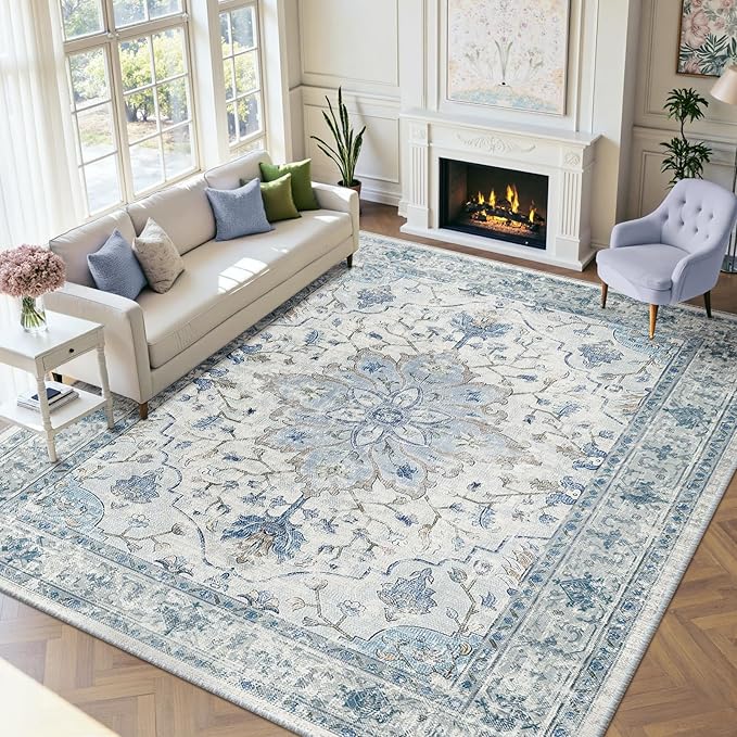 RELEANY Area Rugs 9'x12' Washable Non-Slip, Floral Vintage Distress Print Pattern Medallion Carpet for Living Room Bedroom Dining Room, Light Blue Navy Beige Gray White