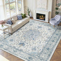 RELEANY Area Rugs 9'x12' Washable Non-Slip, Floral Vintage Distress Print Pattern Medallion Carpet for Living Room Bedroom Dining Room, Light Blue Navy Beige Gray White