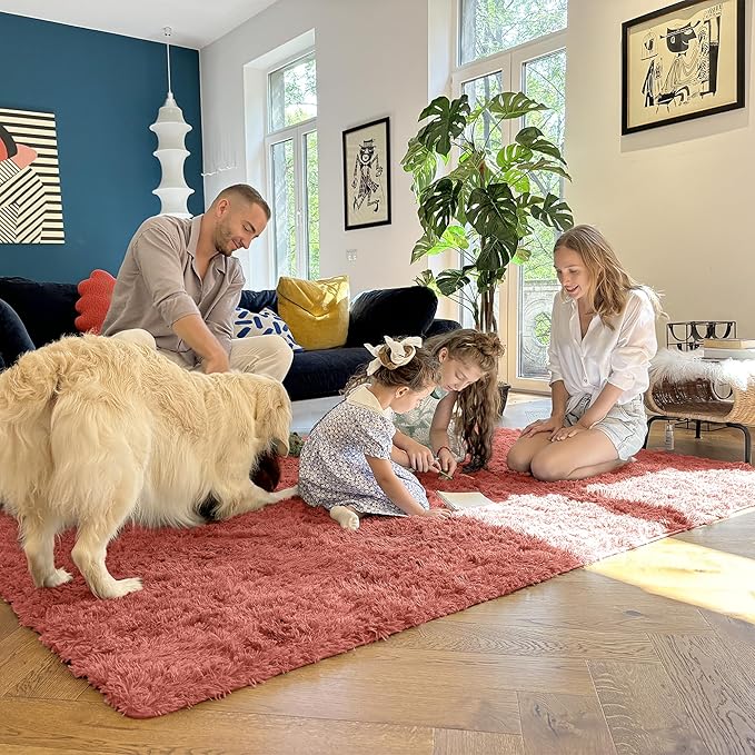 OLANLY 2x6 Machine Washable Runner Rugs for Hallway, Soft Fluffy Shaggy Bedside Rugs for Bedroom, Living Room, Indoor Floor Carpet for Kids Girls and Boys, Home Decor Aesthetic, Rust Red