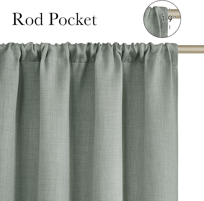 NICETOWN Sage Green Faux Linen Room Darkening Rod Pocket Curtains 63 inch Length, W42 x L63, Light Blocking Thermal Insulated Noise Reducing Drapes for Bedroom Living Room Farmhouse Decor, 2 Panels