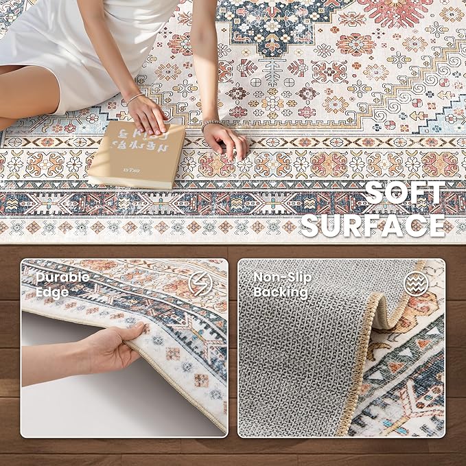 zesthome 8x10 Area Rugs for Living Room,Non-Slip Backing Washable Rugs,Vintage Large Area Rug，Stain Resistant Home Decor Rug (Multi,8'x10')