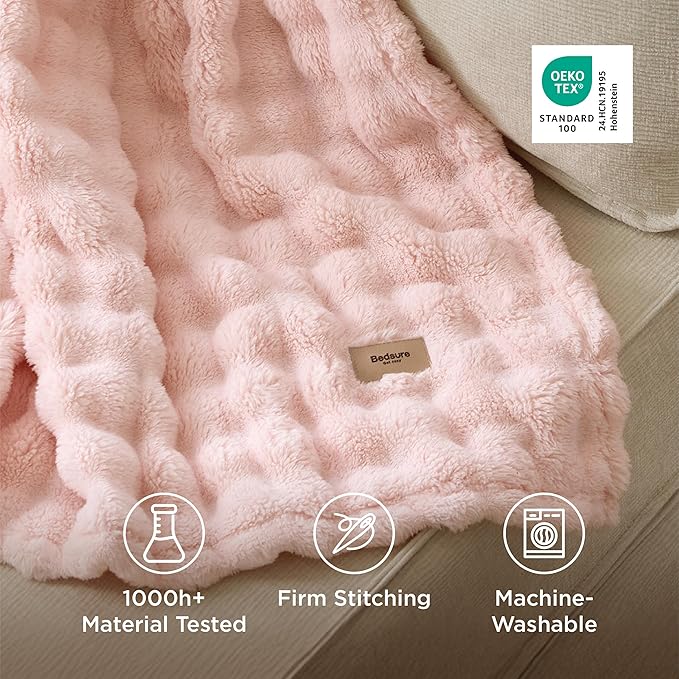 Bedsure 3D Fleece Bubble Blanket - GentleSoft Pink Queen Blanket for Bed Sofa Girls Room Decor - Luxury Soft Cozy Spring Gifts for Kids Girls, Lightweight, Crystal Pink, 90"×90"