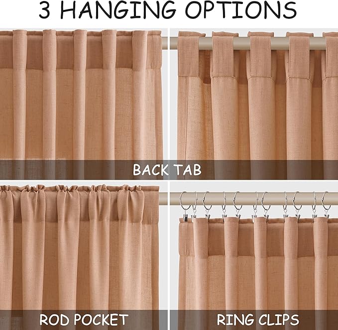 Nanspring Peach Quartz Curtains 84 Inch Long 2 Panels Set Back Tab Rod Pocket Linen Blend Light Filtering Semi Sheer Boho Style Curtain Textured Curtain for Cozy Bedroom and Living Room Decor 52x84