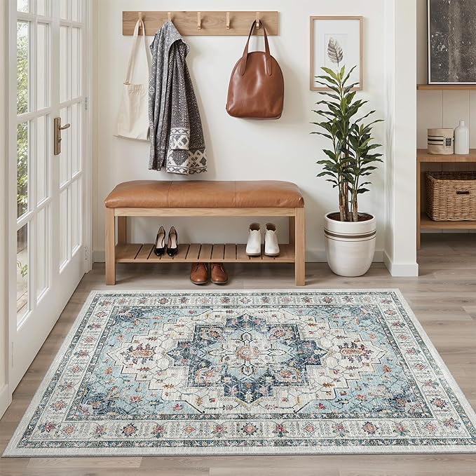 Madane Area Rug 3x5, Entryway Washable Vintage Runners Bedroom Non Slip Indoor Kitchen Runner for Living Room Laundry Room Playroom Soft Non-Slip Area Rugs, Blue