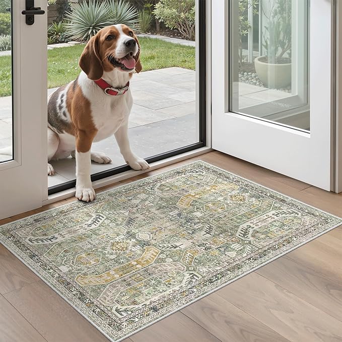 Madane Washable Area Rug 2x3, Small Entryway Rug Non-Slip Vintage Door Mat Indoor Entrance, Low Pile Floor Carpet for Inside Front Door Bedroom Kitchen Entry Laundry (2'x3', Green/Gold)