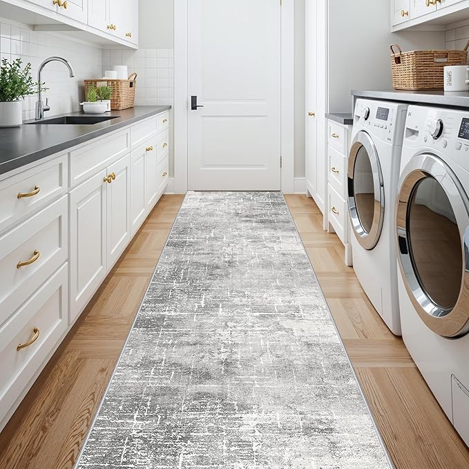 Washable Long Hallway Runner Rug: Non-Slip 2'6x12 Kitchen Rugs Abstract Entryway Bathroom Runner Soft Living Room Bedroom Beside Floor Mat Indoor Farmhouse Carpet for Home Office(2'6x12,Light/Grey)
