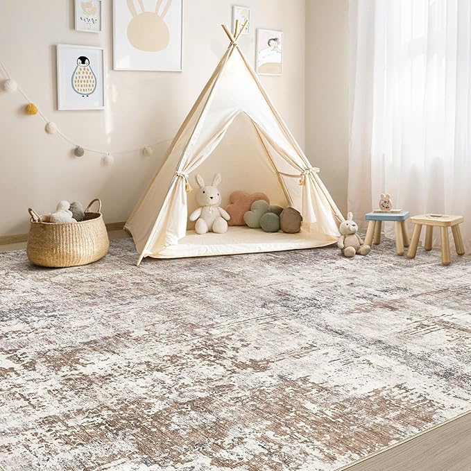 Area Rug Living Room Rugs - Washable Neutral Modern Abstract Soft Thin Rug Indoor Floor No Slip Rug Carpet for Bedroom Under Dining Table Home Office Decor - Brown/Grey/Red - 6x9