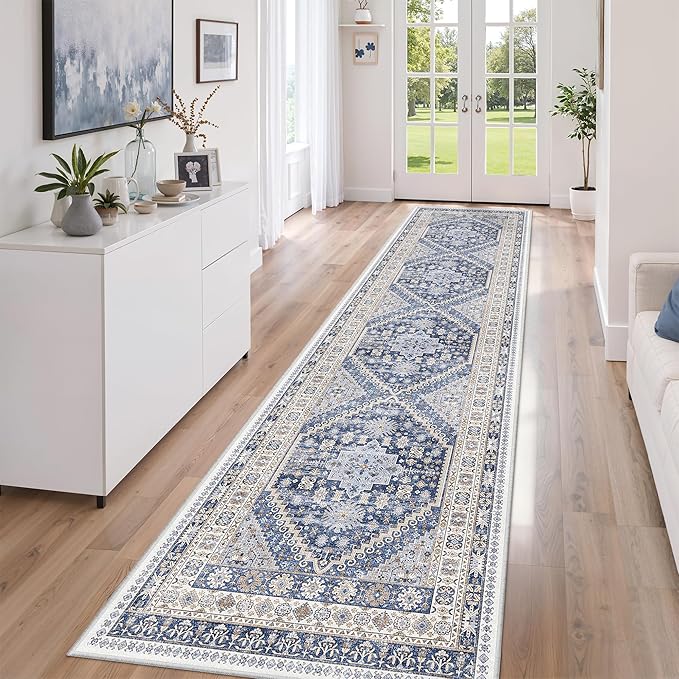 zesthome Washable Runner Rug 2.5x10 - Stain Resistant Entryway Rug,Ultra-Thin Kitchen Rugs, Anti Slip Backing Runner Rugs for Entrance Laundry Room Indoor Hallway (Blue/Beige,2.5'x10')