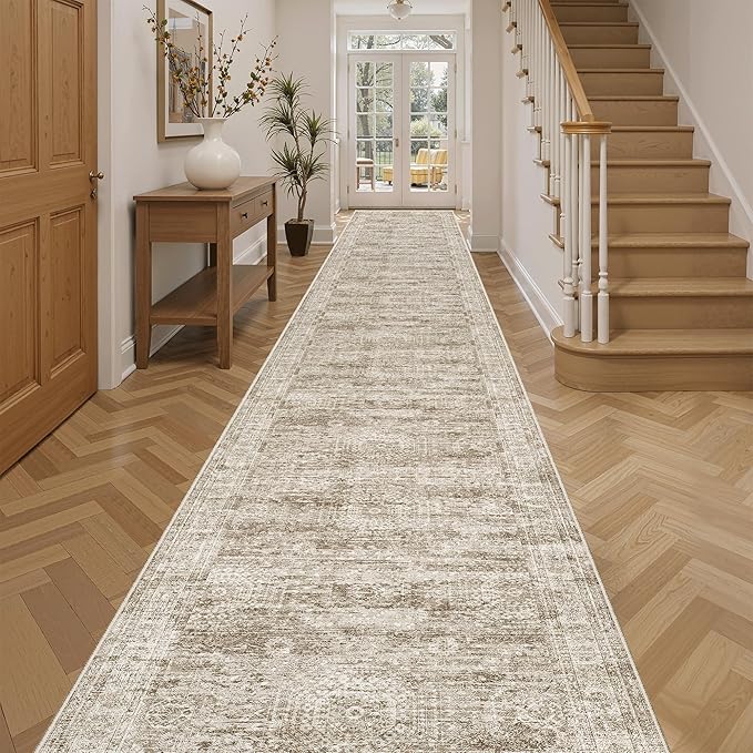 Hallway Runner Rug 3x16 - Vintage Non Slip Washable 16ft Kitchen Runner for Entrance Soft Long Carpet Runners for Living Room Bedroom Dining Room, Brown