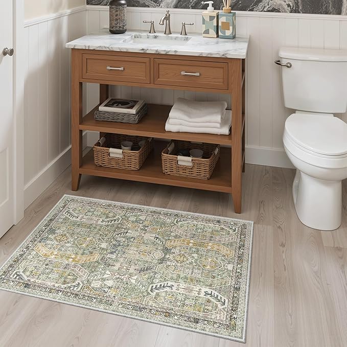 Madane Washable Area Rug 2x3, Small Entryway Rug Non-Slip Vintage Door Mat Indoor Entrance, Low Pile Floor Carpet for Inside Front Door Bedroom Kitchen Entry Laundry (2'x3', Green/Gold)