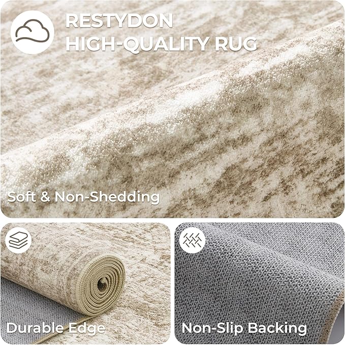 8x10 Area Rugs for Living Room, Non-Slip Backing Large Washable Rug for Nursery Room, Vintage Abstract Bedroom Rugs, Thin Indoor Home Decor Soft Farmhouse Rug (8'x10', Brown/Ivory)