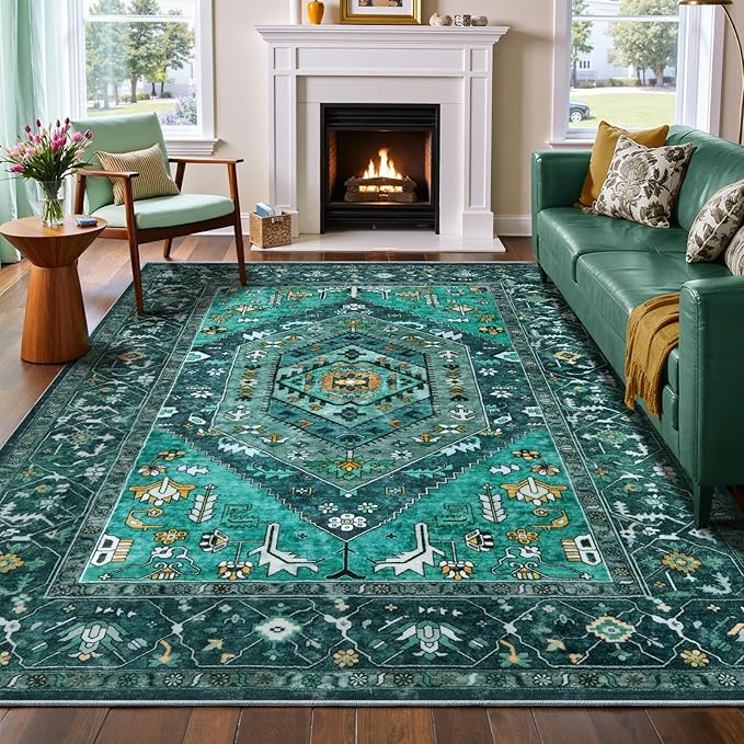 SERISSA Washable Rugs 6x9 Area Rugs, Large Non-Slip Boho Living Room Teal Rug, Ultra Soft Vintage Print Distressed Oriental Tribal Farmhouse Carpet for Dining Room Bedroom Dorm Office Home Decor