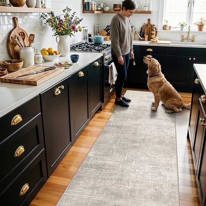 Abstract 2x10 Kitchen Rug Runners - Washable 10ft Hardwood Sink Rugs Non-Slip Hallway Entryway Area Rug Soft Floor Mat Indoor Farmhouse Carpet for Bathroom Living Room Bedroom (2 X 10,Beige/Cream)