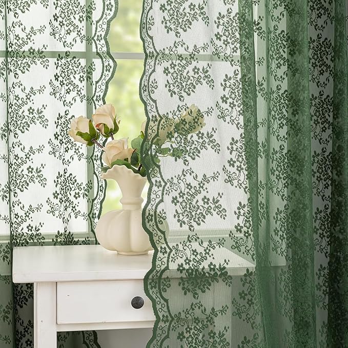 YJ YANJUN Vintage Lace Curtains 108 Inches Long- Victorian Floral Pattern Dark Olive Green Sheer Curtain Panels for High Ceiling Living Room Aesthetic Neutral Decor 52Wx108L Moss Green