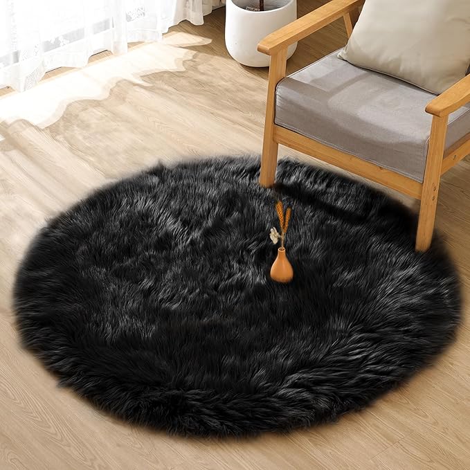 ORINOVA Black Fluffy Faux Fur Rug for Living Room Shag Circle Washable Area Rugs for Bedroom Round Rug 4ft Cute Room Décor