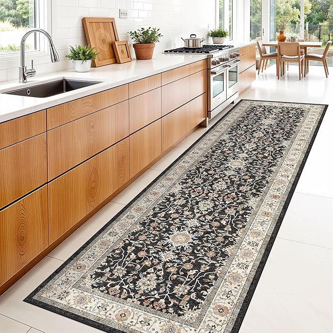 Washable 3x10 Hallway Runner Rug: Black Vintage Rug Runner Ultra Soft Low Pile Stain Resistant Carpet for Kitchen Living Room Bedroom Entryway Durable Thin Indoor Floor Mat (Black, 3x10)