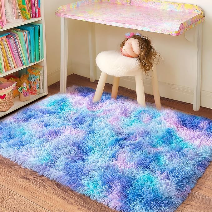 Small Rugs for Bedroom, Fluffy 2x3 Rug Throw Non Slip for Bedside Dorm Kids Room, Plush Comfy Shag Carpet for Home Decor Aesthetic, Rainbow Purple