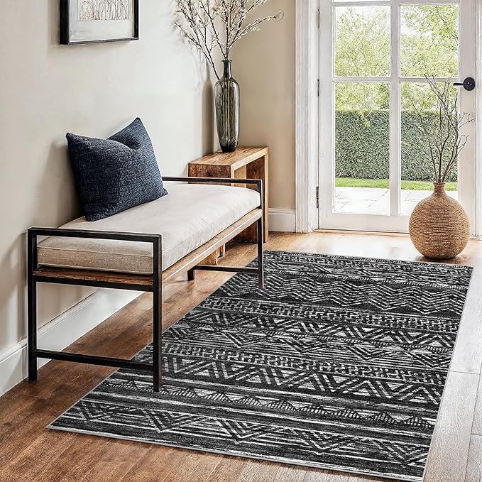 3x4 Washable Entryway Area Rug: Moroccan Small Runner Rug for Hallway Soft Modern Non Slip Door Mat with Rubber Backing Low Pile Thin Floor Carpet for Kitchen Bathroom Bedroom Indoor 3x4 Black