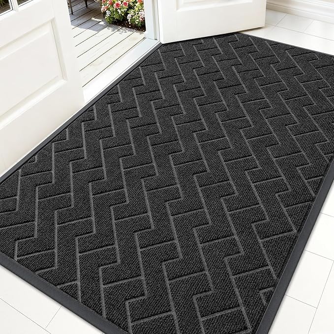 OLANLY Front Door Mat Indoor Outdoor Entrance, Waterproof All-Season, All-Weather Doormat, Sturdy Natural Rubber, Low Profile, Easy Clean Patio Porch Entryway Mat, Herringbone Brick (Black, 59x35)