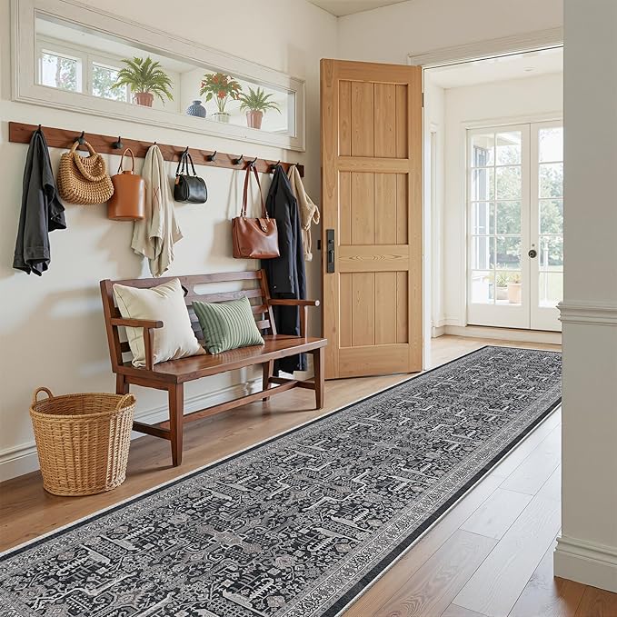 Hallway Washable Runner Rug 2x10 - Non Slip Vintage Kitchen Runner Rugs for Entryway Low-Pile Waterproof Long Runners for Living Room Bedroom Medallion Indoor Floor Mat for Bathroom Laundry Black
