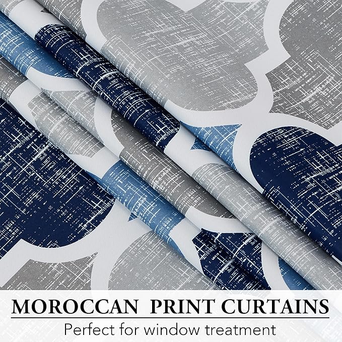 Beauoop 100% Blackout Curtains 84 Inches Long 2 Panels for Bedroom Living Room Blue Grey Moroccan Geo Room Darkening Thermal Insulated Soundproof Rod Pocket Back Tab Window Treatments Drapes, 50x84