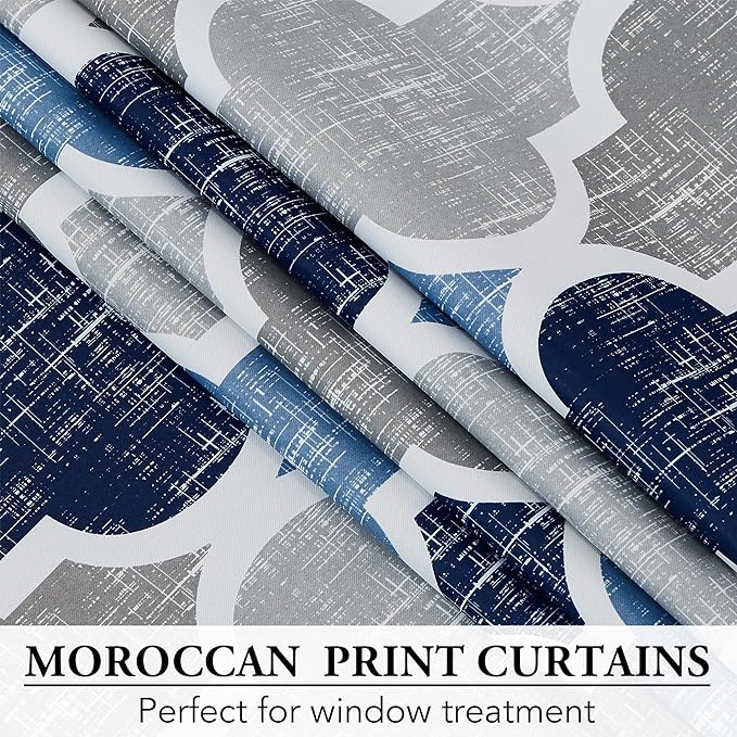 Beauoop 100% Blackout Curtains 72 Inches Long 2 Panels for Bedroom Living Room Blue Grey Moroccan Geo Room Darkening Thermal Insulated Soundproof Grommet Top Window Treatments Drapes, 50x72 Set of 2