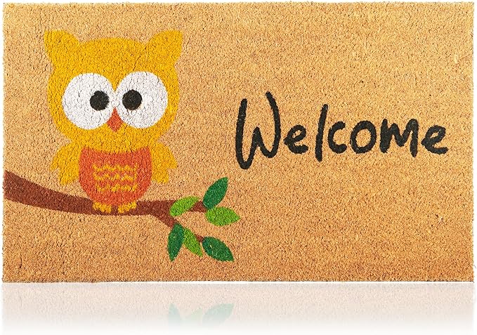 Owl - 17"x29" - Coir Door Mat with Heavy Duty Backing - Welcome Mats for Entryway, Porch - Anti-Slip PVC & Coconut Fiber Surface - Natural Home Accessories, Minimalist Original Design