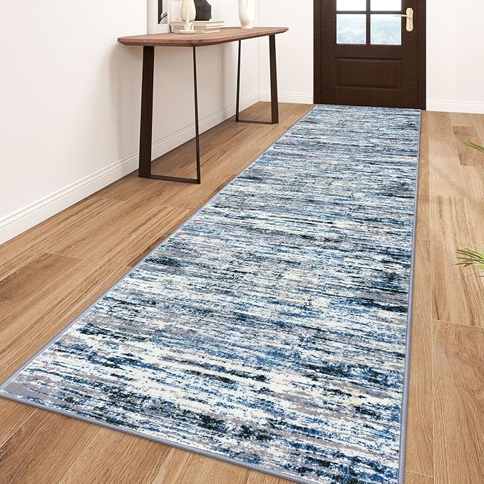 Lansny Modern Abstract Runner Rug 3x10, Grey Blue White Washable Kitchen Runner Non-Slip Soft Hallway Rug Runner Thin Print Faux Wool Carpet for Entryway Bedroom Laundry Room Indoor Home Office Decor