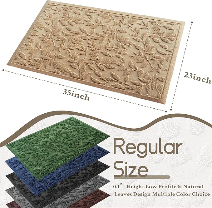 Beige Leaves Outdoor Indoor Entrance Doormats, Absorbent Durable Heavy Duty Welcome Front Door Mat,Thick Natural Rubber Back,Easy Clean Entryway Mat 23x35 Inch, Low Profile