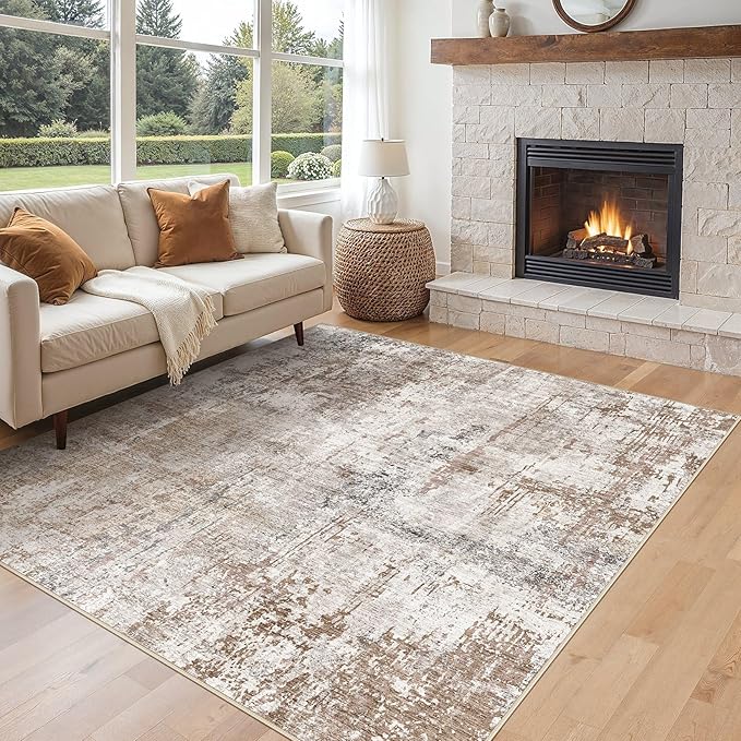 UERMEI Square Area Rugs : Washable 8x8 Neutral Modern Abstract Carpet for Living Room Bedroom - Soft Floor Mat with Non Slip Backing for Kitchen Nursery Dorms Farmhouse Home Decor - Brown/Grey/Red