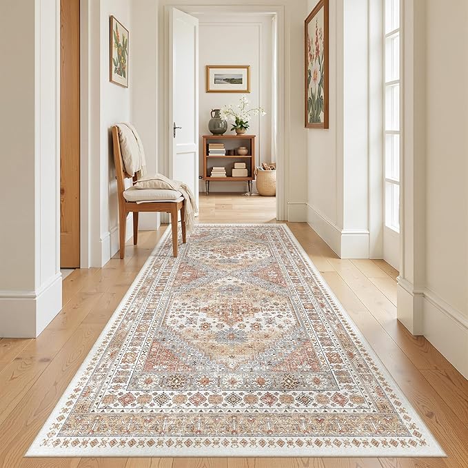 4x8 Rug for Bedroom,Wide Runner Rug for Hallway, Non Slip Washable Runner Rug for Living Room, Low Pile Soft Entryway Kitchen Rug, Vintage Home Decor Mat for Dining Room(Orange,4'x8')