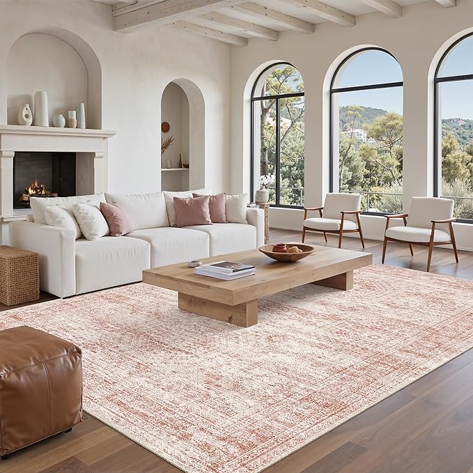 5x7 Area Rugs Pink Low Pile Indoor Washable Trendy Faded Style Rugs for Bedroom Living Room Dining Room Foldable Non-Slip Thin Print Mat