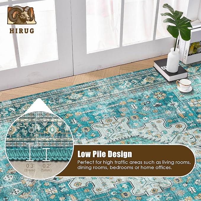 Washable Area Rug 4' x 6' Vintage Traditional Persian Mat - Foldable Distressed Non-Slip Machine Washable Carpet for Living Room Bedroom Kitchen Home Decor - Teal and Gold