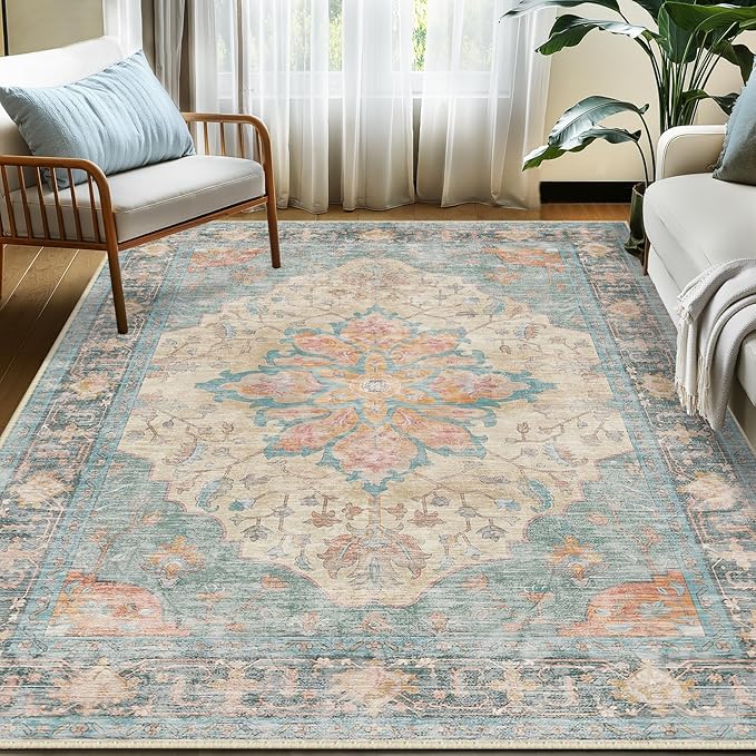 RELEANY Area Rugs 5'x7' Washable Non-Slip, Floral Vintage Distress Print Pattern Medallion Carpet for Living Room Bedroom Dining Room, Blue Orange Red