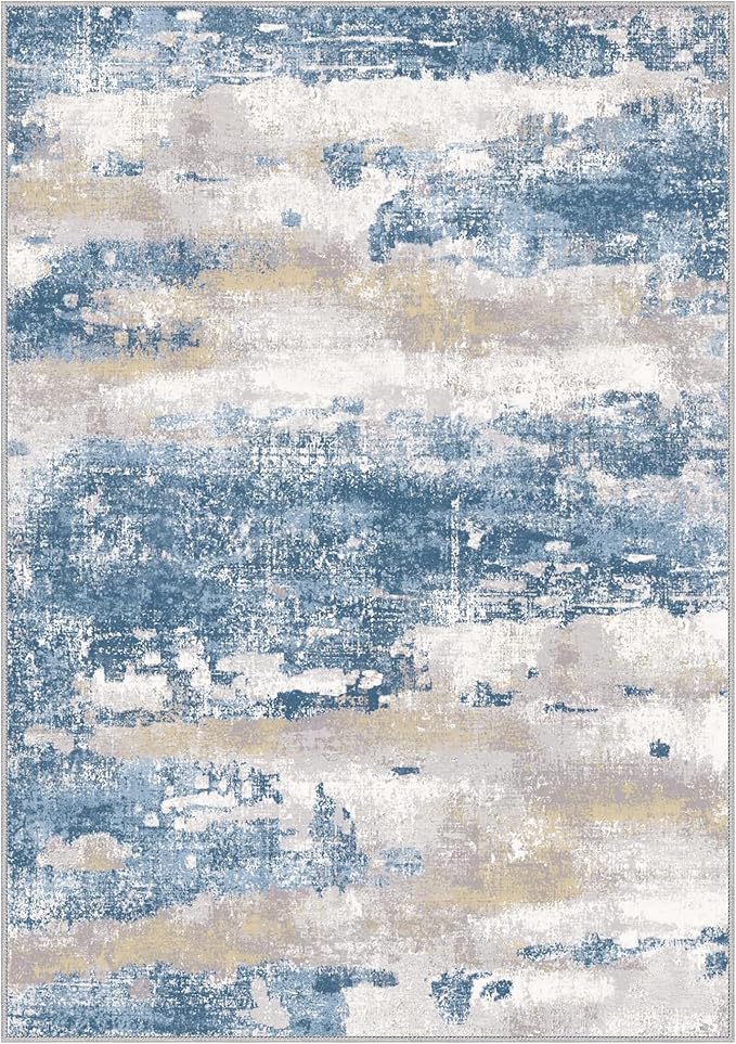 1'5''x2'5'' Rugs for Entryway Entrance Kitchen Bathroom, Machine Washable Modern Abstract Soft Small Rug, Low Pile Indoor Floor Carpet with Non Slip Backing, Blue Cream