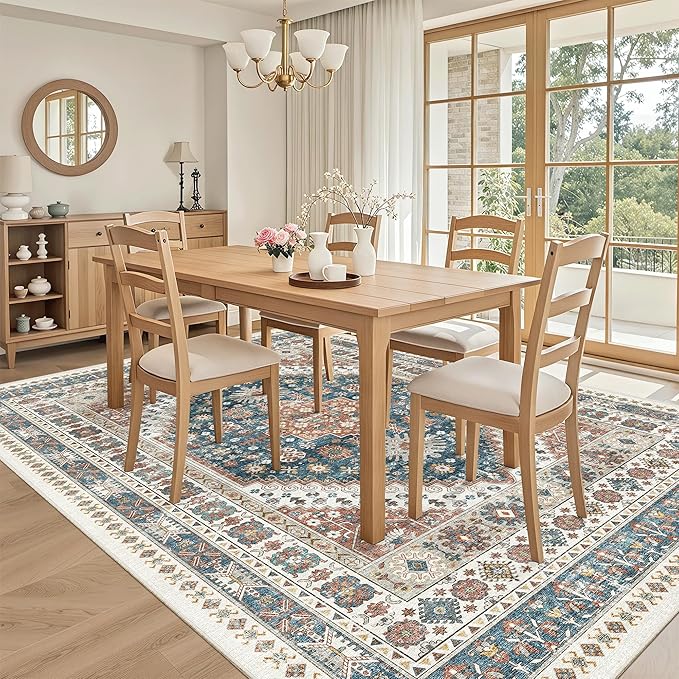 Madane 5x7 Area Rugs for Living Room, Stain Resistant Washable Rugs, Non-Slip Backing Area Rug, Vintage Home Decor Rug for Bedroom (Navy Blue, 5'x7')