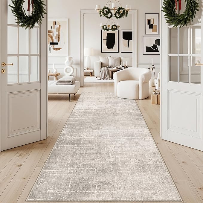 Hallway 4x10 Washable Runner Rug:Stain Resistant Abstract Rug for Kitchen Entryway Farmhouse Soft Carpet for Bathroom Bedroom Thin Laudry Living Room Floor Mat with Non Slip Backing(4x10,Beige/Cream)