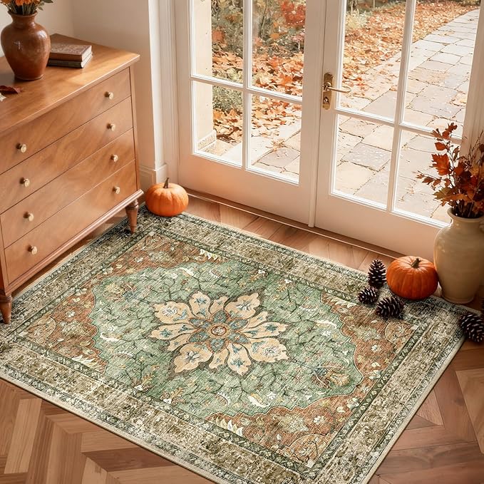 RELEANY Area Rugs 3'x5' Washable Non-Slip, Floral Vintage Distress Print Pattern Medallion Carpet for Living Room Bedroom Dining Room, Brick Red Rust Neutral Brown Burnt Orange Green