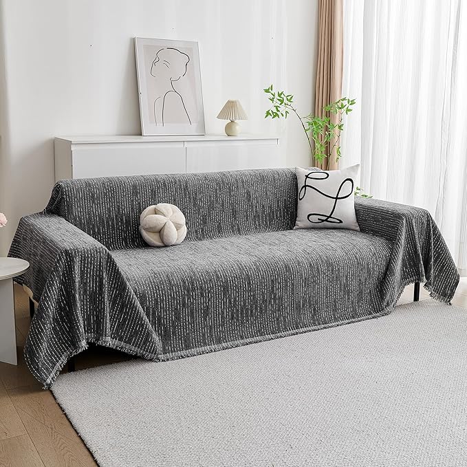 MYSKY HOME Couch Covers for Sofa, Dog Couch Cover Protector, Dark Grey Lines Sofa Covers for Sectional L Shape, Pets Couch Throw Cover Washable Durable Large Couch Cover for Dogs, Cats, 91"X134"