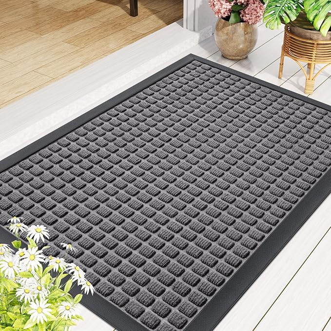 Smiry Front Door Mat Outside Entrance, Heavy Duty Natural Rubber Doormat, Non Slip, Trap Dirt and Moisture, Easy Clean, Low Profile Welcome Floor Mats for Indoor Outdoor Entry, 59x23 Inch, Mix Grey
