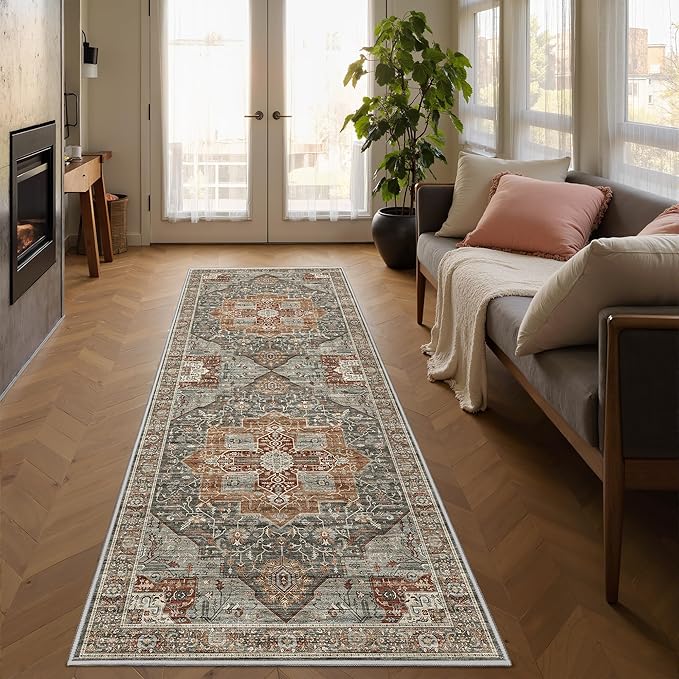 Runner Rug 2x6, Non Slip Washable Rugs for Laundry Room, Runners for Hallways, Low Pile Vintage Soft Rugs for Living Room, Kitchen Bathroom,Bedroom Rug(Grey/Brown/Tan,2'x6')