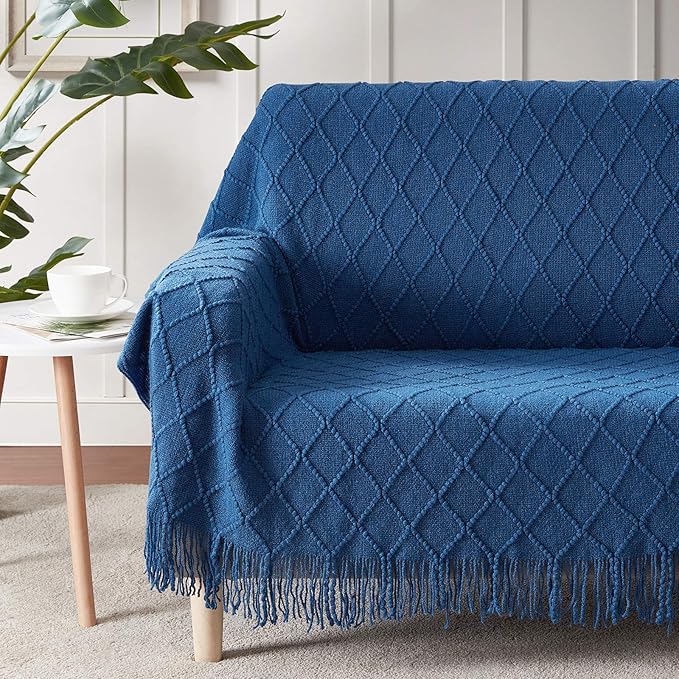 BOURINA Royal Blue Throw Blanket 50x60 Inches Throw Textured Solid Soft Sofa Couch Decorative Knit Blanket