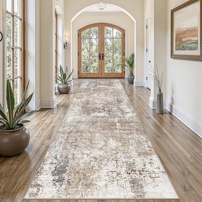 UERMEI 3X12 Washable Runner Rug for Hallway: Soft Neutral Modern Abstract Area Rug - Non-Slip Low Pile Long Throw Indoor Carpet for Kitchen Entryway Kitchen Bedroom Laundry Bathroom - Brown/Grey/Red