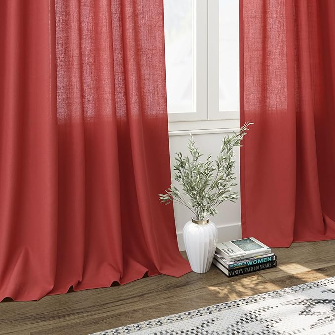 Christmas Red Linen Curtains 90 Inches Long for Living Room Light Filtering Semi Sheer Curtain Back Tab and Rod Pocket Vintage Rustic Luxury Home Decor Neutral Drapes for Bedroom 52x90, 2 Panels